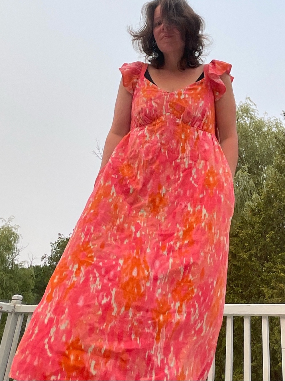 Time and Tru Pink Orange Floral Maxi Dress Adjustable Straps Pockets 8-10 cotton - Picture 3 of 11